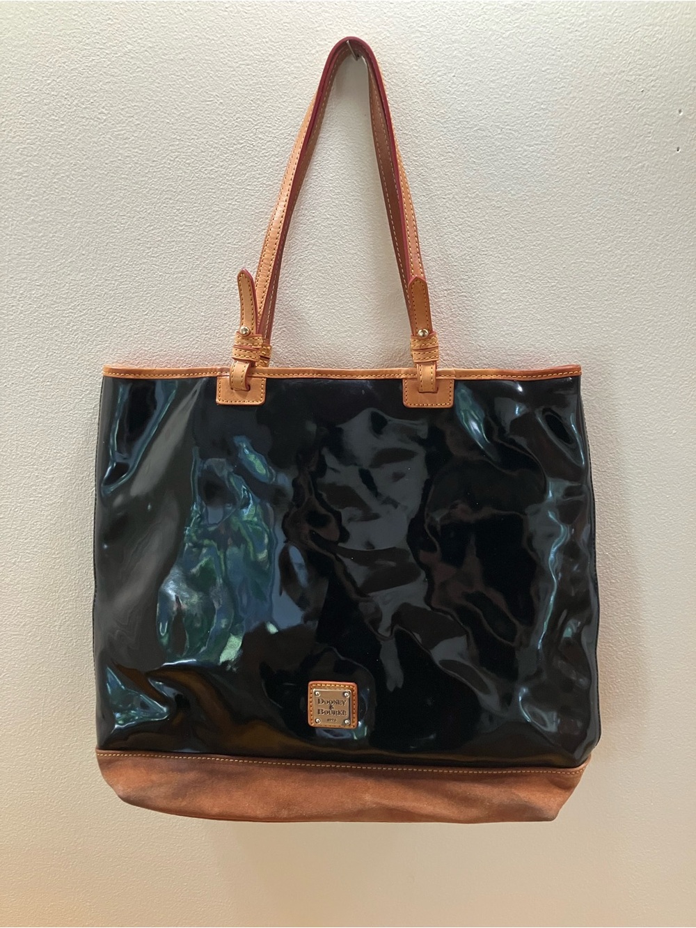 Dooney & Bourke Black Patent Tote with Tan Leather Trim